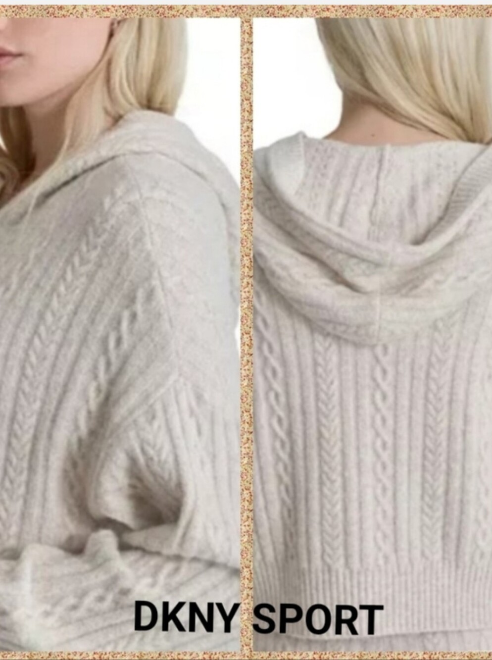 DKNY Sport Cream Cable-Knit Hoodie Sweater Cropped Medium